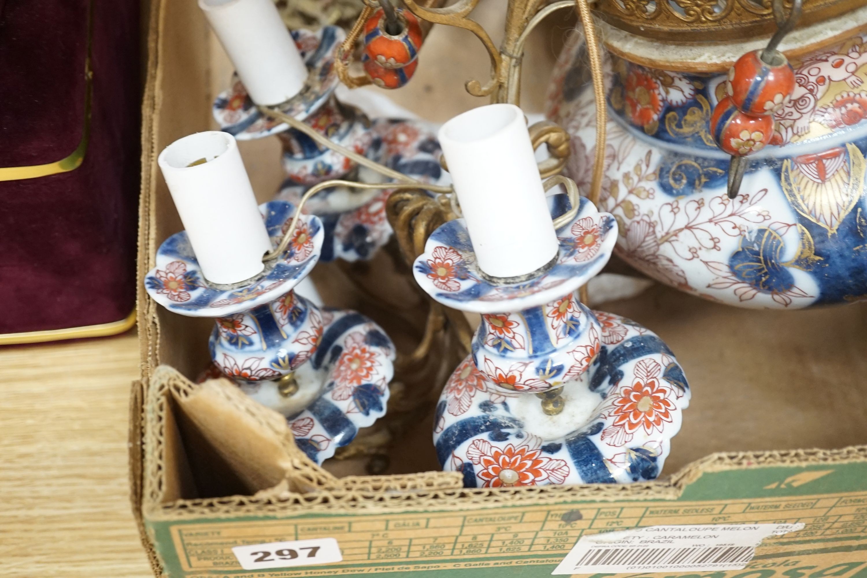 A 19th century spelter and Imari pattern porcelain three branch chandelier, converted to electric